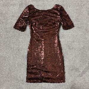 Sequin Dress Womens Small Brown Bodycon Short Sleeve Party Cocktail Mini